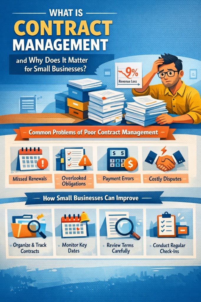 What is contract management and why does it matter for small businesses — infographic showing common problems of poor contract management and how small businesses can improve