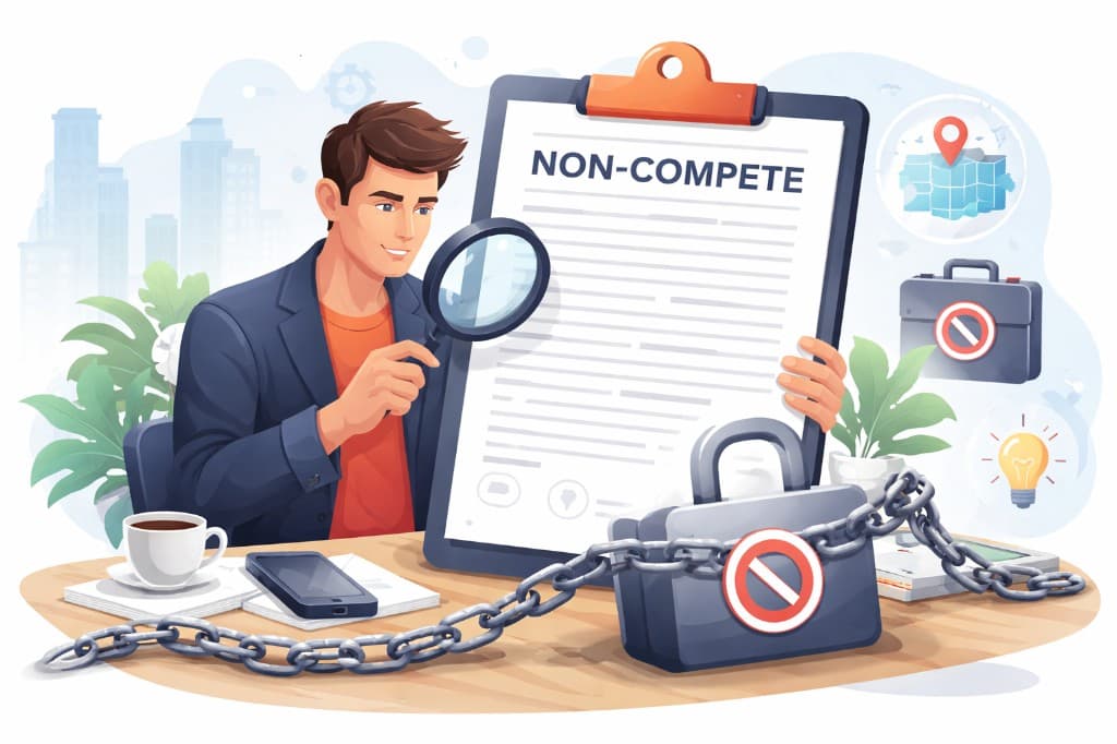 Illustration of a professional examining a non-compete agreement with a magnifying glass, surrounded by chains and restriction symbols