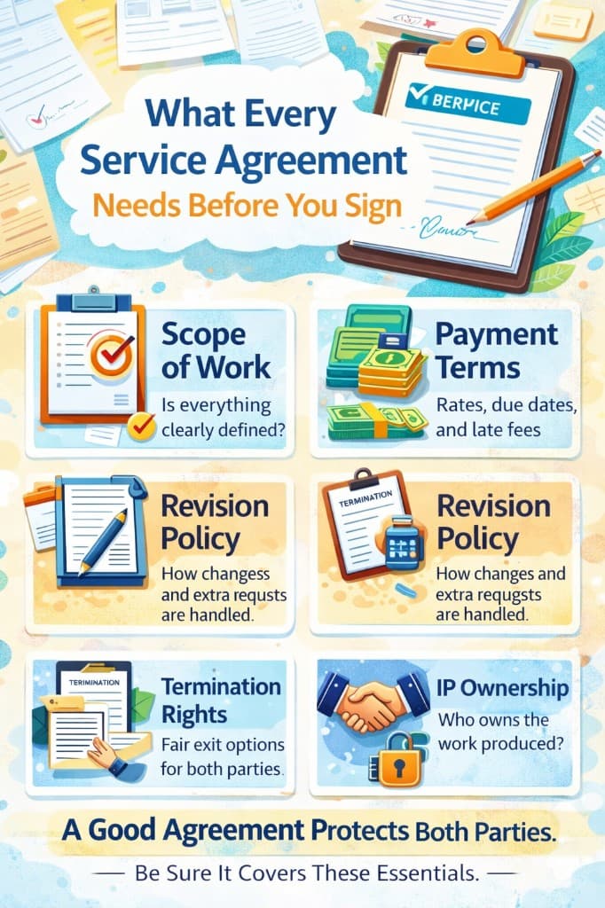 What every service agreement needs before you sign — infographic showing scope of work, payment terms, revision policy, termination rights, and IP ownership